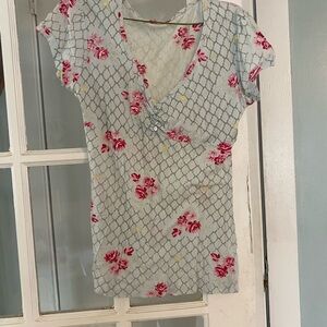 Vintage Elegant Floral V-Neck Blouse in Pink and Gray